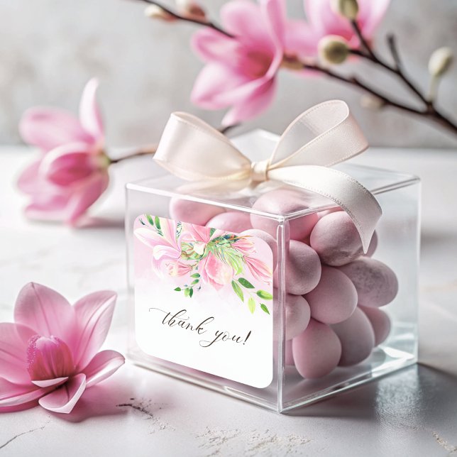 Pegatina Cuadrada Elegante Magnolia Rosa Acuarela Gracias (Elegant Pink Magnolia Watercolor Thank You Square Sticker)