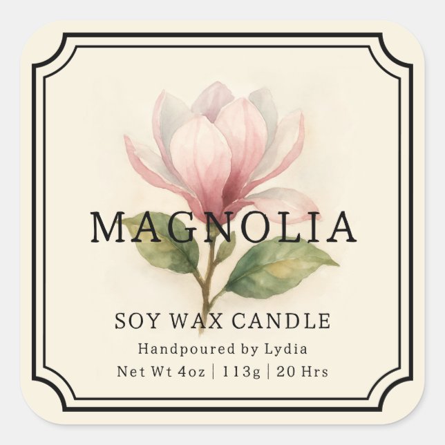 Pegatina Cuadrada Elegante Magnolia Soy Wax Candle Business Label (Anverso)