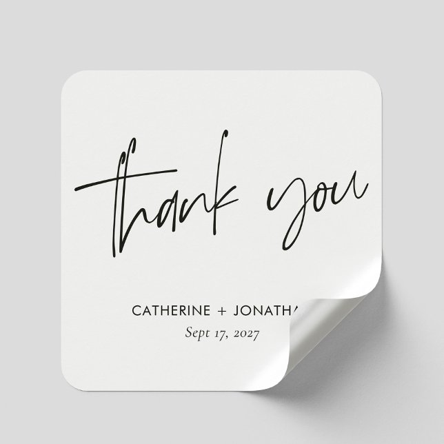 Pegatina Cuadrada Elegante Mano Negra Difundida Gracias Boda (Elegant Black Hand Lettered Thank You Wedding Square Sticker)