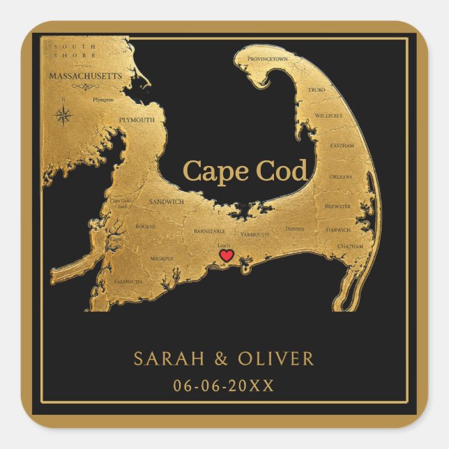 Pegatina Cuadrada Elegante Mapa de Cape Cod Boda  (Anverso)