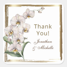 Pegatina Cuadrada Elegante Marco Oro Orquídeas Blancas Gracias Boda