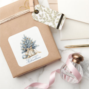 Pegatina Cuadrada Elegante Merry Christmas Tree Gold Blue Watercolor