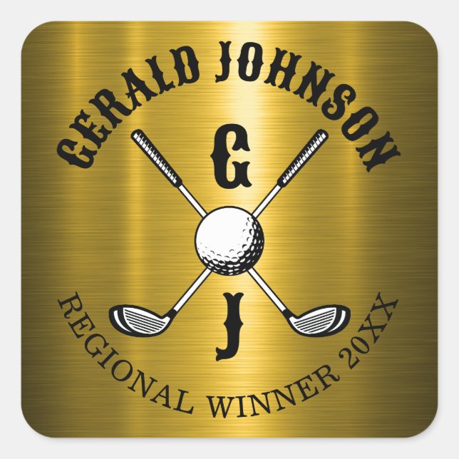 Pegatina Cuadrada Elegante Minimalista Monograma de Golf Personaliza (Anverso)