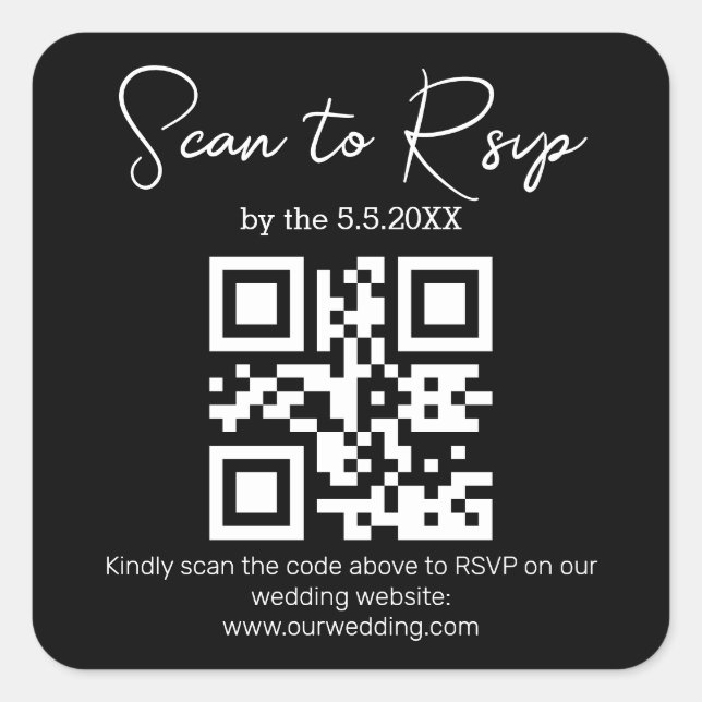 Pegatina Cuadrada elegante mínimo rsvp qr boda de código blanco negr (Anverso)