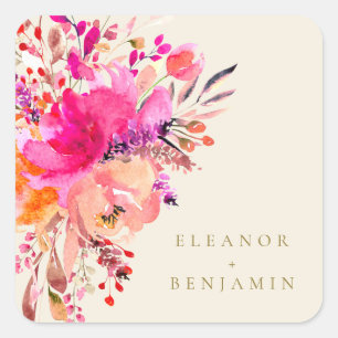 Pegatina Cuadrada Elegante Moda color de agua rosa Boda floral Crema