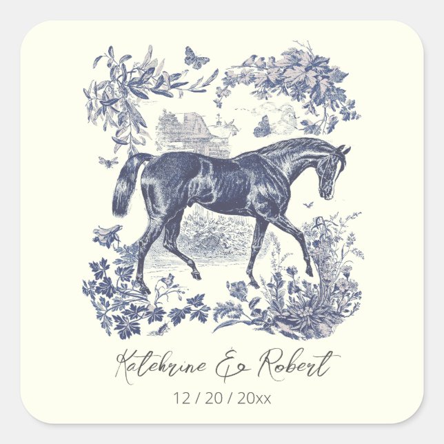 Pegatina Cuadrada Elegante Moda de época Boda de tela de caballo azu (Anverso)