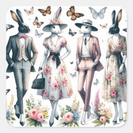 Pegatina Cuadrada Elegante Moda de Semana Santa Bunny Springtime