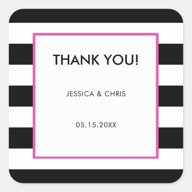 Pegatina Cuadrada Elegante Moderno negrita Black White Hot Pink Stri (Anverso)