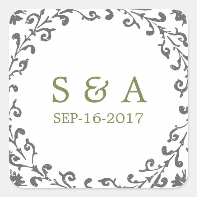 Pegatina Cuadrada Elegante monograma clásico de bodas vintage (Anverso)