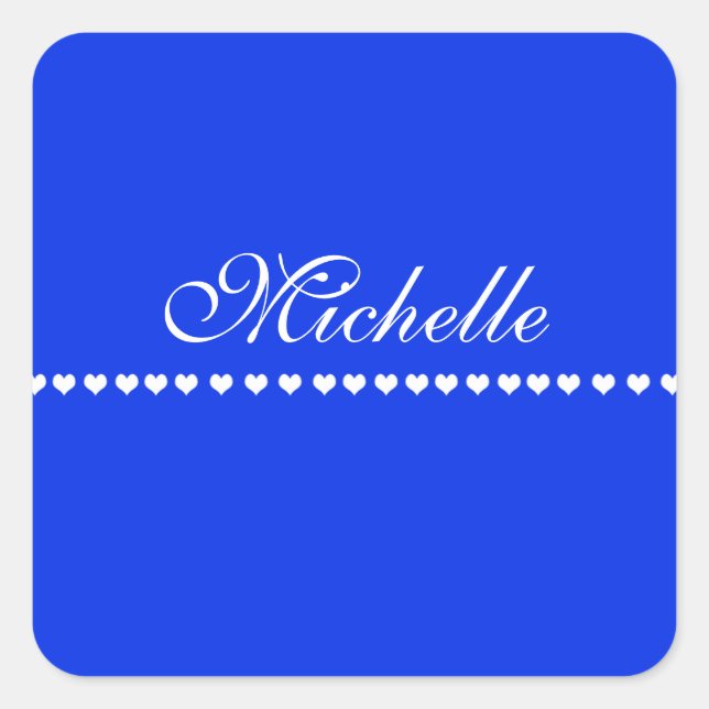 Pegatina Cuadrada Elegante Monograma Corazones Blancos Azul Real (Anverso)