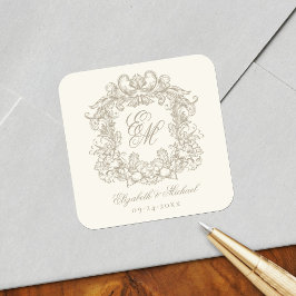 Pegatina Cuadrada Elegante Monograma de Cima de Boda de Marfil Vinta