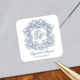 Pegatina Cuadrada Elegante Monograma de Cresta de Boda Azul Vintage