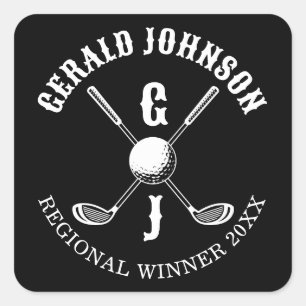 Pegatina Cuadrada Elegante Monograma de Golf Personalizado Minimalis