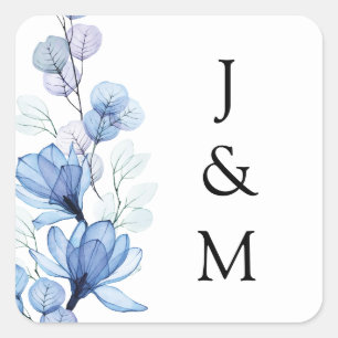 Pegatina Cuadrada Elegante Monograma Floral Azul Polvo Boda