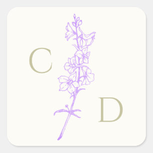 Pegatina Cuadrada Elegante Monograma Floral de Larkspur Lavanda 