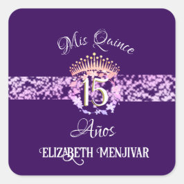 Pegatina Cuadrada Elegante morado y quinceañera dorada español