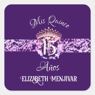 Pegatina Cuadrada Elegante morado y quinceañera dorada español