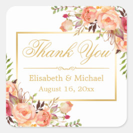 Pegatina Cuadrada Elegante Naranja Rosa Floral Gold Frame Gracias