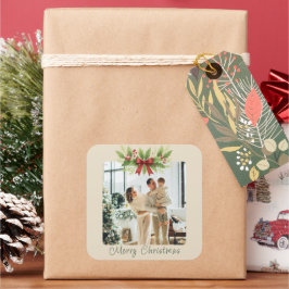 Pegatina Cuadrada Elegante Navidad con Acebo y Lazo Rojo - 