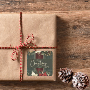 Pegatina Cuadrada Elegante Navidad de Cuadros Burgundy y Flor de Pas