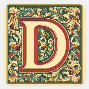 Pegatina Cuadrada Elegante Navidad Letra roja 'D'