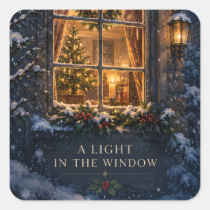 Pegatina Cuadrada Elegante Navidad, Luz Acogedora en la Ventana de I