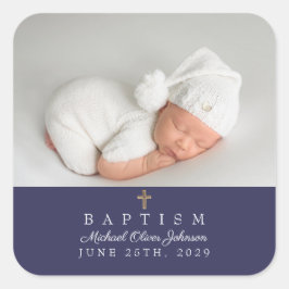 Pegatina Cuadrada Elegante Navy Blue Religious Cross Baptism