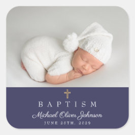 Pegatina Cuadrada Elegante Navy Blue Religious Cross Baptism