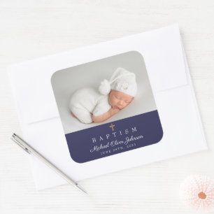Pegatina Cuadrada Elegante Navy Blue Religious Cross Baptism