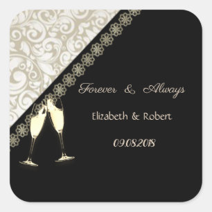 Pegatina Cuadrada Elegante Negro, Boda Damask