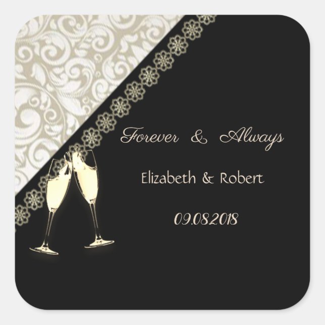 Pegatina Cuadrada Elegante Negro, Boda Damask (Anverso)