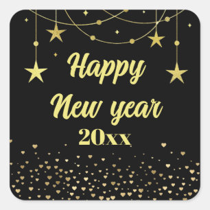 Pegatina Cuadrada Elegante Negro Moderno y Oro Feliz Año Nuevo