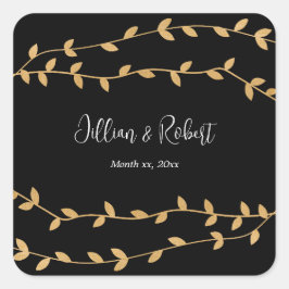 Pegatina Cuadrada Elegante negro y blanco con Boda de hojas de oro