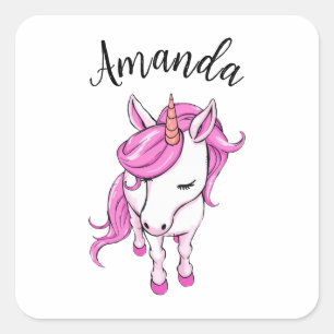 Pegatina Cuadrada Elegante nombre de Chica de unicornio rosa