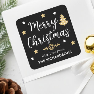 Pegatina Cuadrada Elegante nombre editable de árbol de Navidad negro