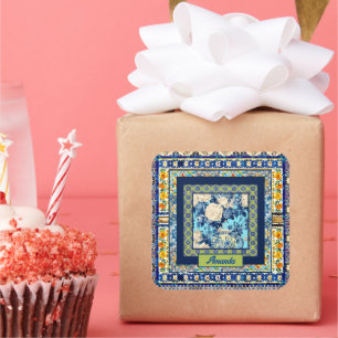 Pegatina Cuadrada Elegante nota monograma de cerámica azul de azulej