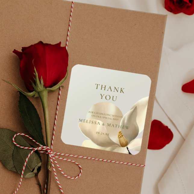 Pegatina Cuadrada Elegante Oriental White Magnolia Wedding Favor (Elegant Oriental White Magnolia Wedding Favor Square Sticker)