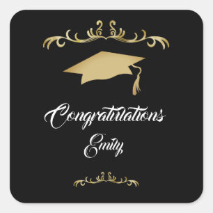 Pegatina Cuadrada Elegante Ornamento de Oro Felicidades Graduado