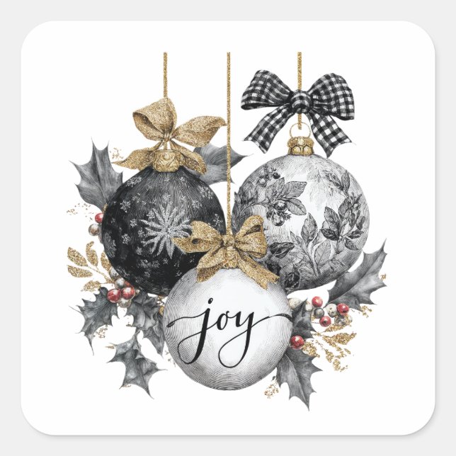 Pegatina Cuadrada Elegante Ornamentos de Navidades blancos y negrosP (Anverso)