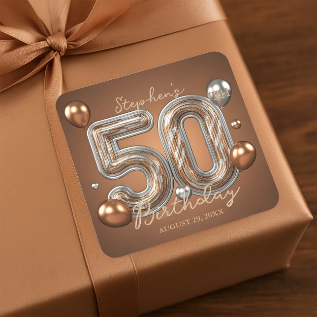 Pegatina Cuadrada Elegante Oro Bronce Plata 50 Cumpleaños (Subido por el creador)
