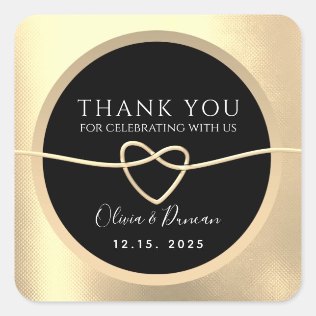 Pegatina Cuadrada Elegante oro y Boda negro gracias (Anverso)
