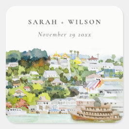 Pegatina Cuadrada Elegante paisaje campestre de crucero por el río B