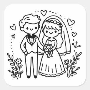 Pegatina Cuadrada Elegante Palo Figura Novia y Boda Groom