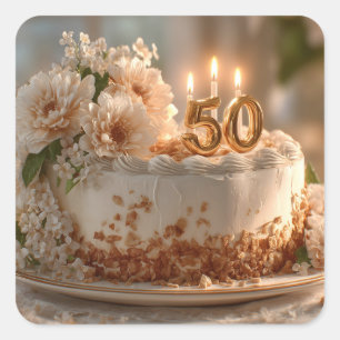 Pegatina Cuadrada Elegante pastel de cumpleaños número 50 con topper