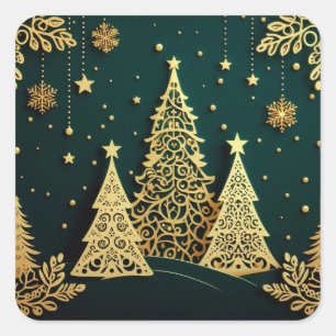 Pegatina Cuadrada Elegante patrón de árbol de Navidad dorado