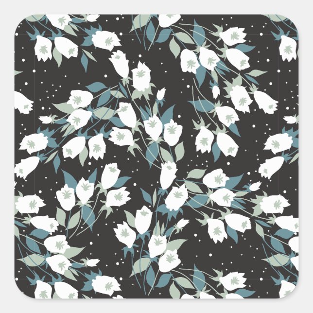 Pegatina Cuadrada Elegante Patrón de flor tulipán Fondo negro (Anverso)