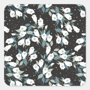 Pegatina Cuadrada Elegante Patrón de flor tulipán Fondo negro
