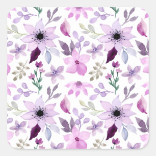 Pegatina Cuadrada Elegante patrón de flores rosadas y moradas