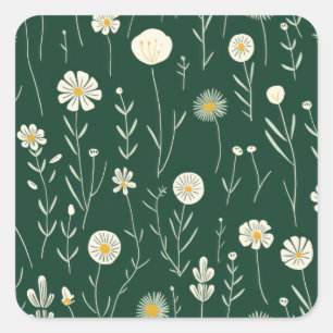 Pegatina Cuadrada Elegante patrón de flores silvestres sobre verde o