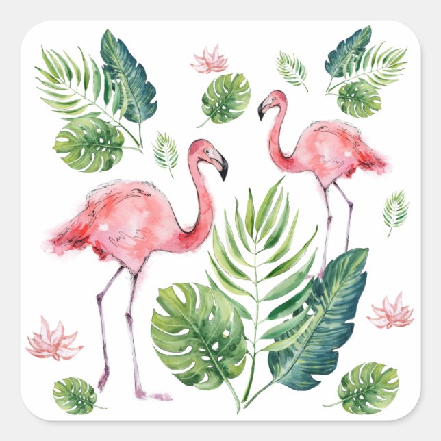 Pegatina Cuadrada      Elegante patrón de hojas tropicales Flamingo  (Anverso)